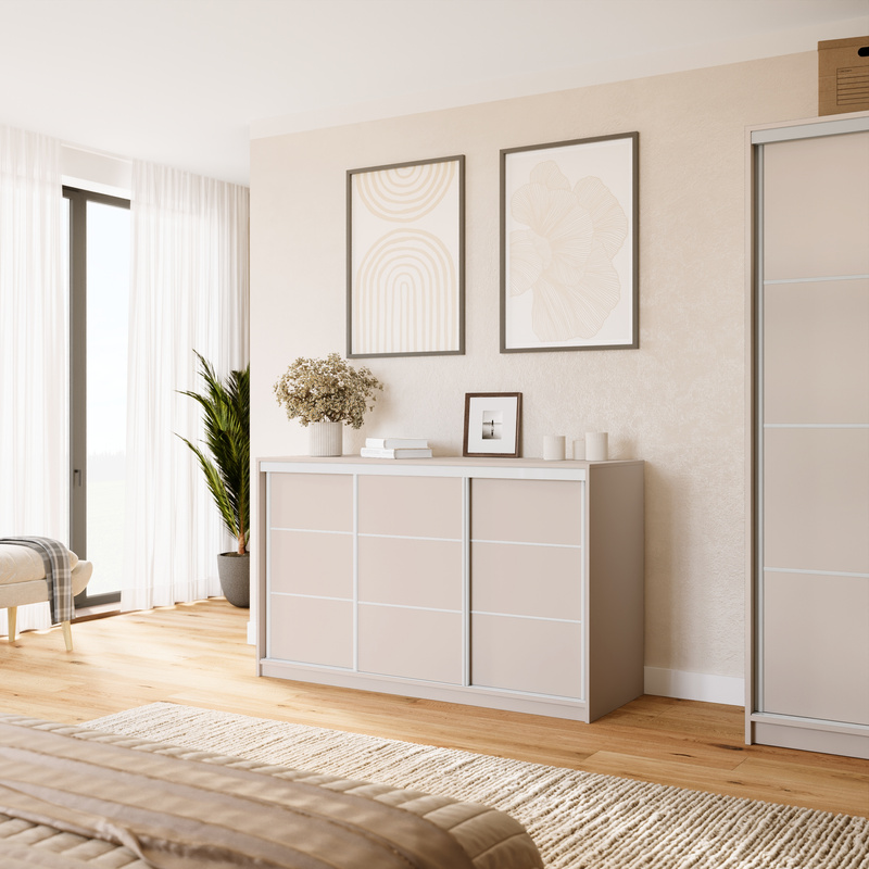 Beżowa komoda przesuwna z szufladami do sypialni 160 cm VITA