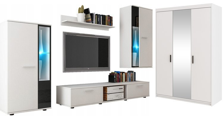 Meblościanka z szafą trzydrzwiową z lustrem biały mat KUBA