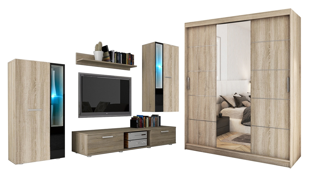 Meblościanka z szafą dąb sonoma CUBE