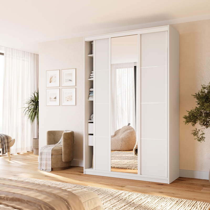 Biała wysoka szafa przesuwna 150 cm z lustrem VITA MAX