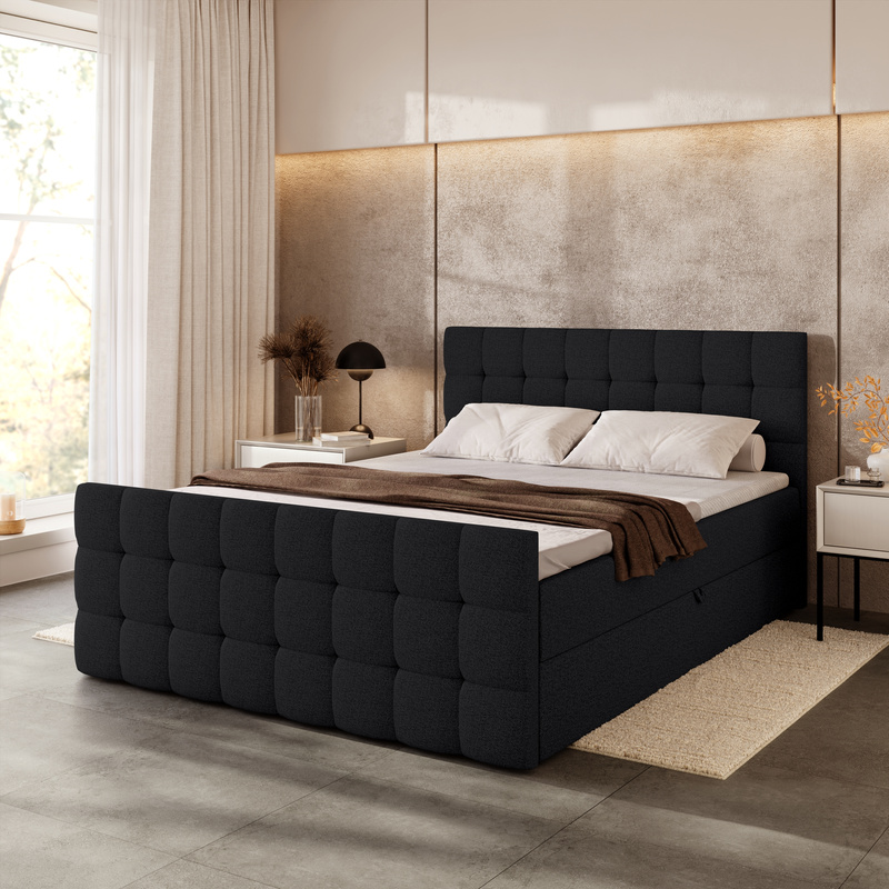 Czarne łóżko 140x200 kontynentalne z pojemnikiem DAKOTA DUO