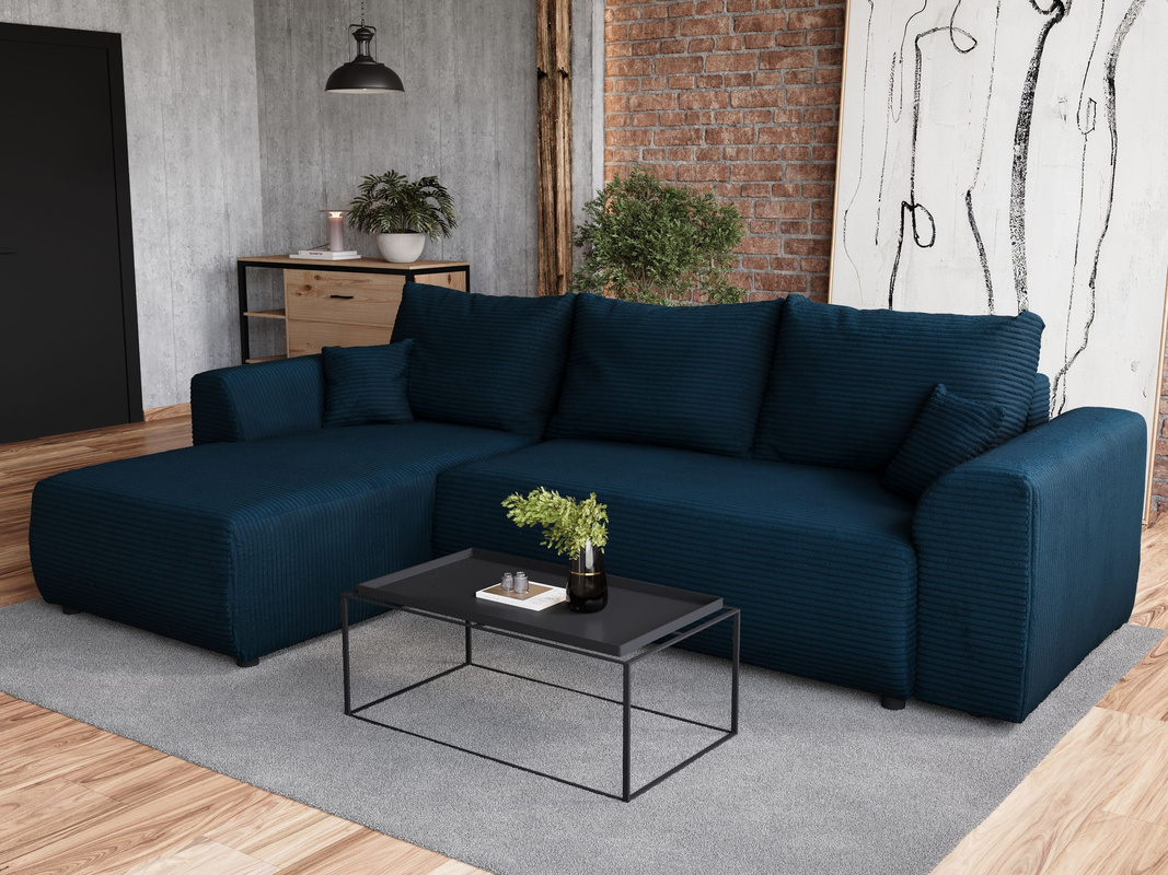 Granatowy narożnik z funkcją spania do salonu rozkładany ROMEO pojemnik na pościel