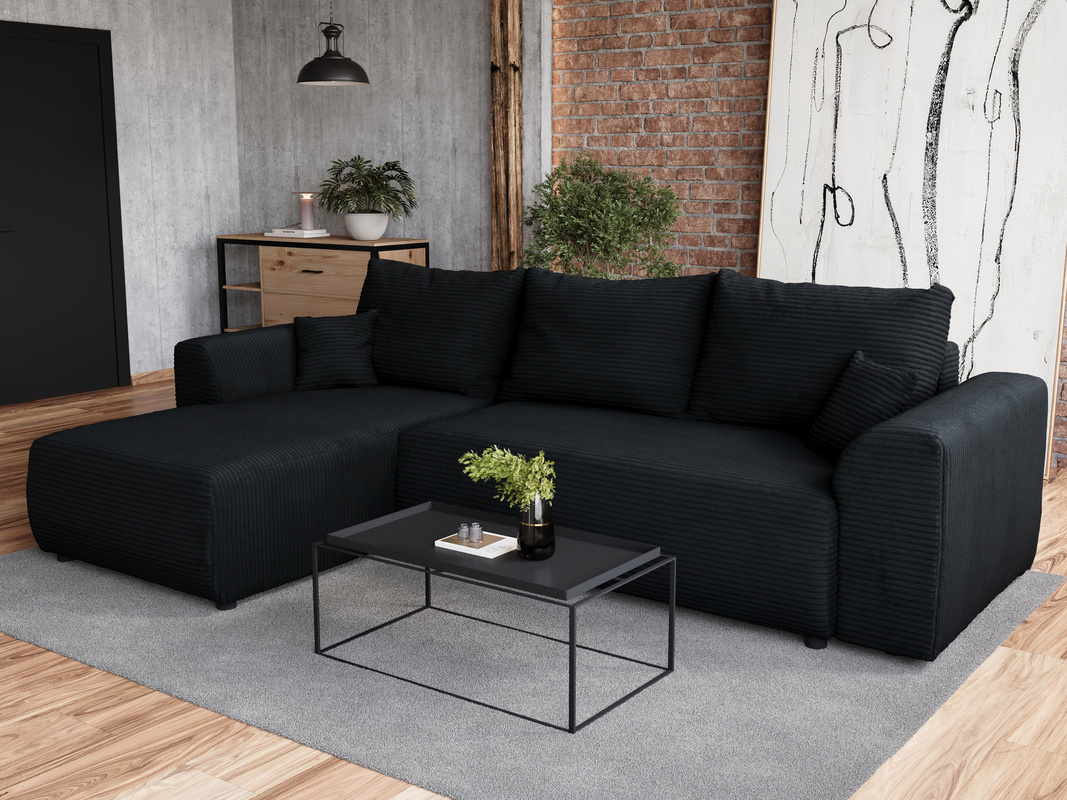 Czarny narożnik do salonu z funkcją spania ROMEO sztruks