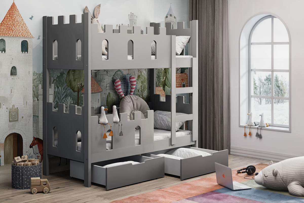Łóżko 160x75 cm dla dziecka 2 osobowe piętrowe na nóżkach ZORIAN szary