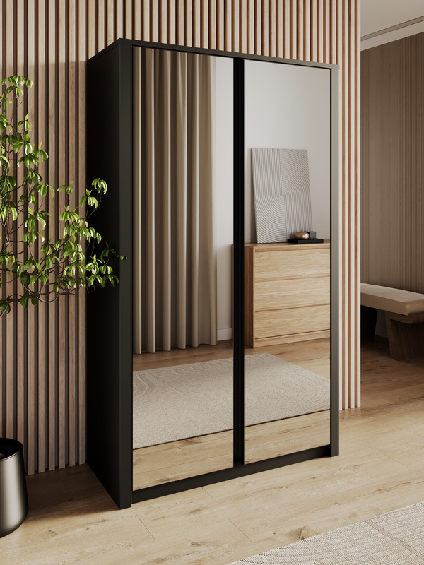 Nowoczesna czarna szafa 113 cm do przedpokoju uchylna z lustrami MELVIN