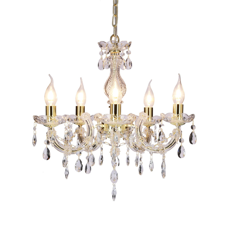 Złoty kryształowy żyrandol wiszący 5-płomienny do salonu MARIA TERESA