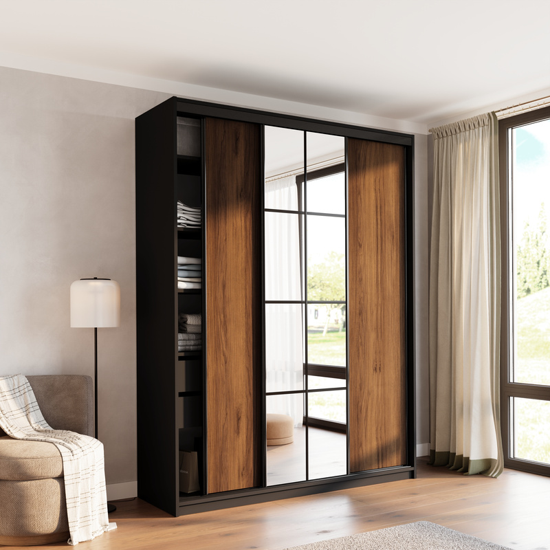 Wysoka szafa przesuwna z lustrem 180 cm do sypialni EDGE MAX orzech