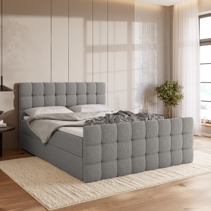 Szare łóżko 140x200 cm kontynentalne z pojemnikiem DETROIT DUO