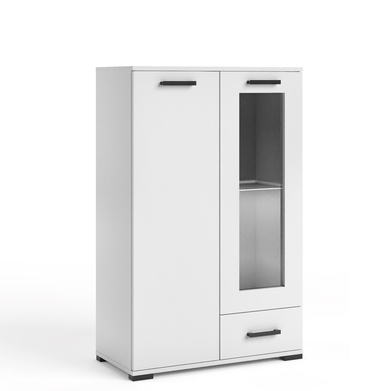 Biała komoda wysoka 80 cm z witryną do salonu dwudrzwiowa FIORA