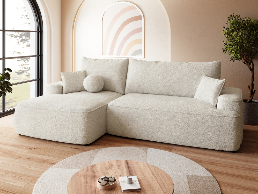 Kremowy narożnik do salonu z funkcją spania CARMELLO boucle