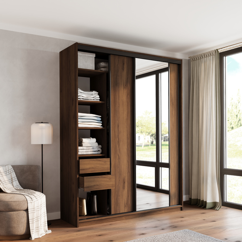 Wysoka szafa przesuwna z lustrem 180 cm do sypialni LOFT MAX orzech