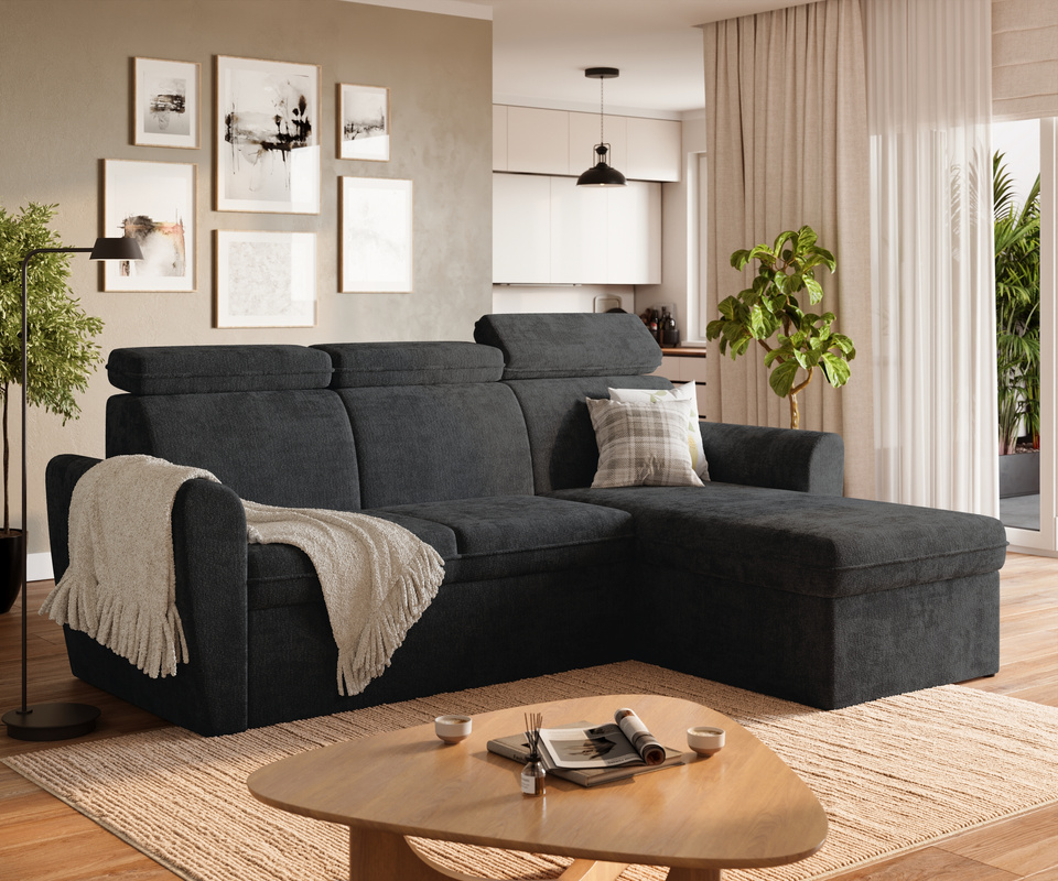Grafitowa kanapa narożna z funkcją spania i pojemnikiem EVRON