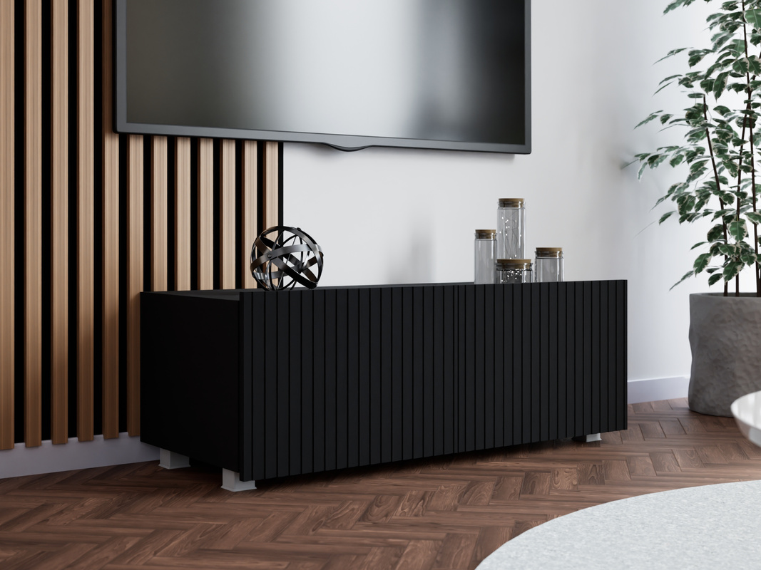 Czarna nowoczesna szafka RTV 100 cm z ryflowanymi frontami KORDIS