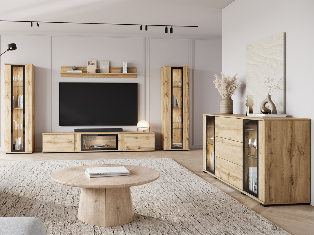 Zestaw nowoczesnych mebli do salonu z komodą dąb wotan CAVIO