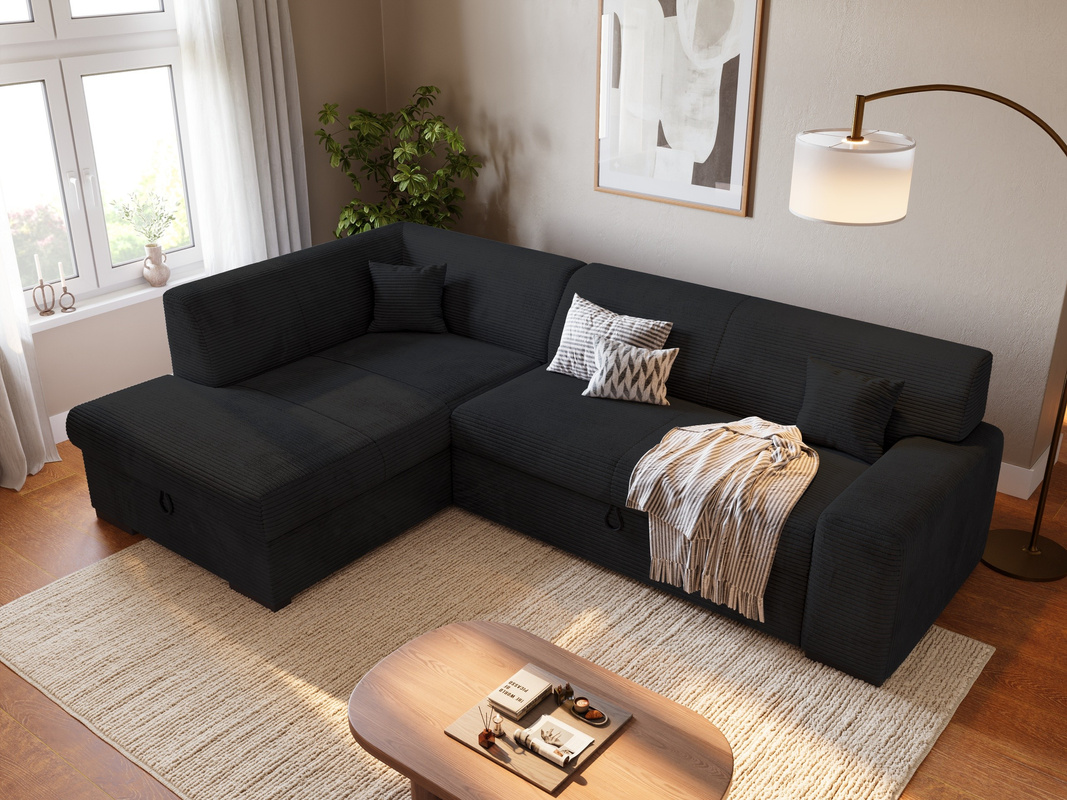 Czarny sztruksowy narożnik z funkcją spania i pojemnikiem do salonu MILENZO