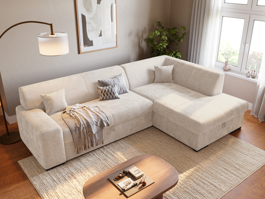 Beżowy narożnik z funkcją spania i pojemnikiem na pościel do salonu MILENZO