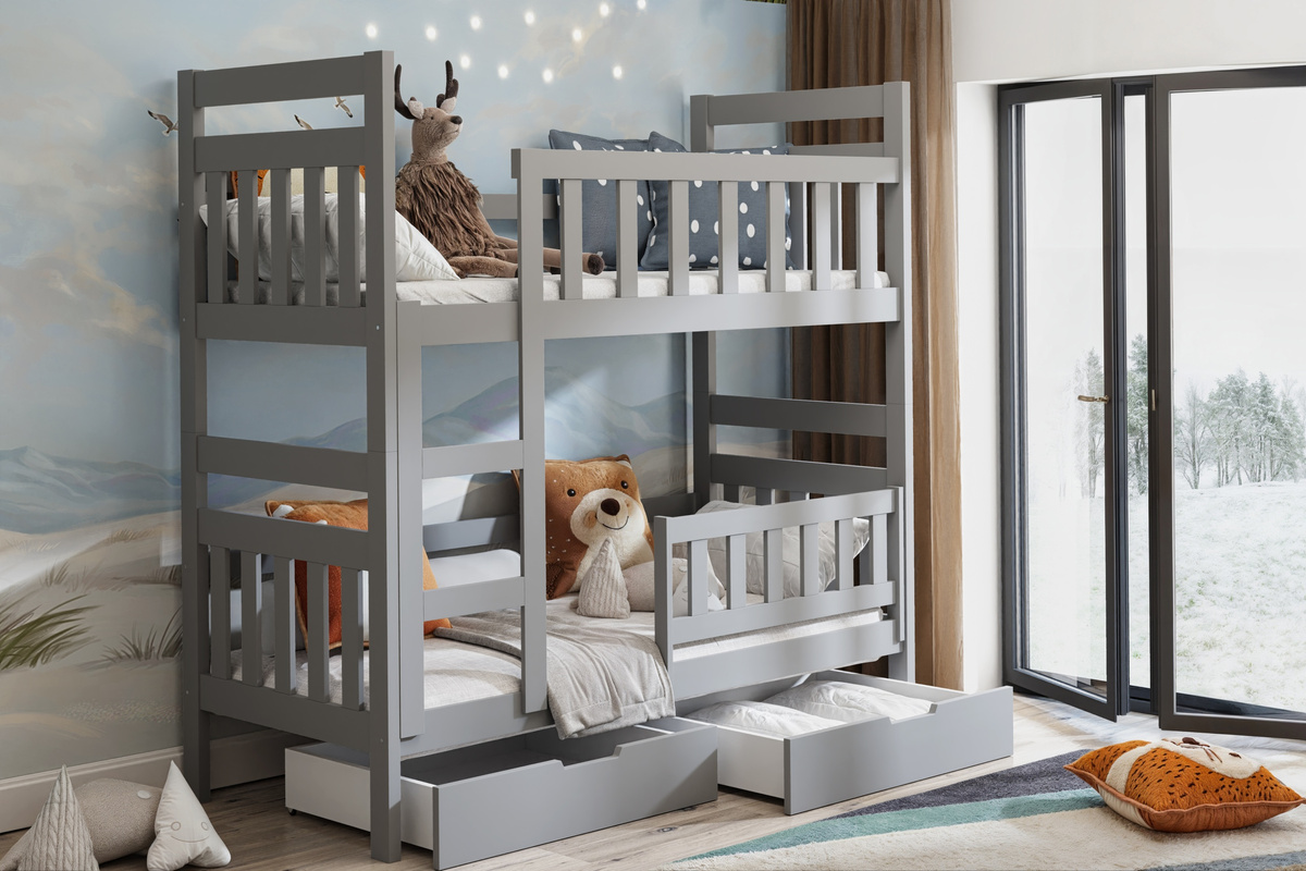 Łóżko 160x80 cm dla dziecka 2 osobowe piętrowe na nóżkach TEO szary