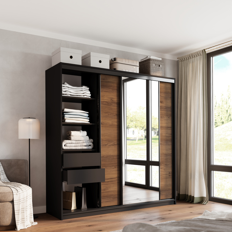 Szafa przesuwna z lustrem 200 cm do sypialni LOFT orzech