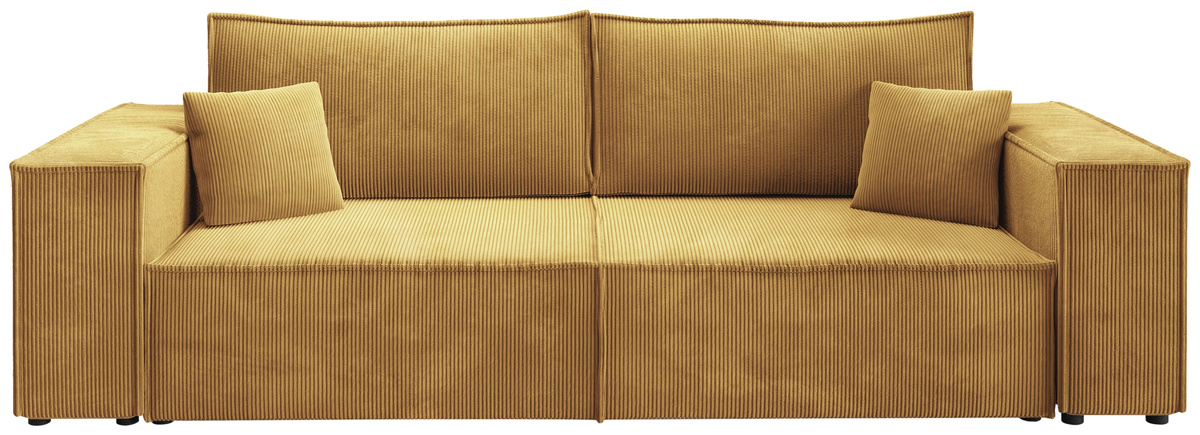 Rozkładana kanapa musztardowa do salonu z funkcją spania i pojemnikiem PEDRO