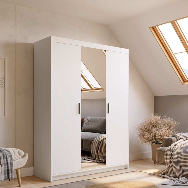 Biała szafa modułowa 133 cm z lustrem do sypialni trzydrzwiowa KUBA