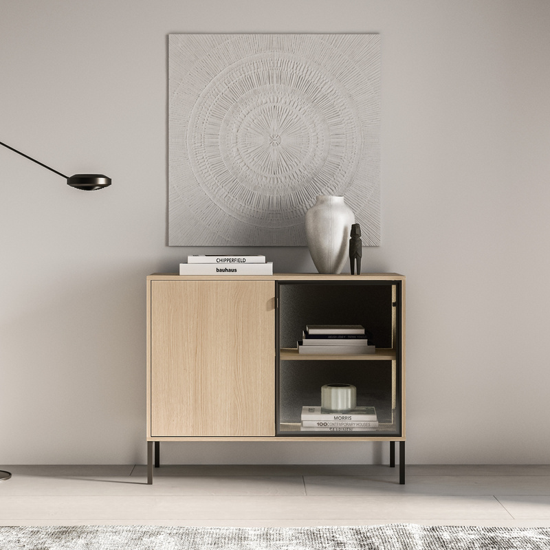 Dwudrzwiowa komoda z witryną 107 cm na nóżkach do salonu BANELI