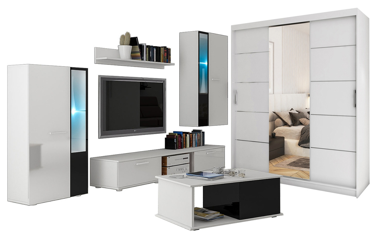 Meblościanka z szafą i ławą biała mat CUBE