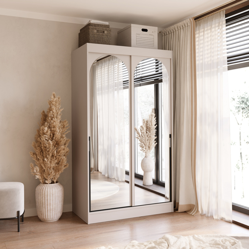 Szafa przesuwna z lustrami kaszmir 120 cm drzwi przesuwne czarne uchwyty MORIN