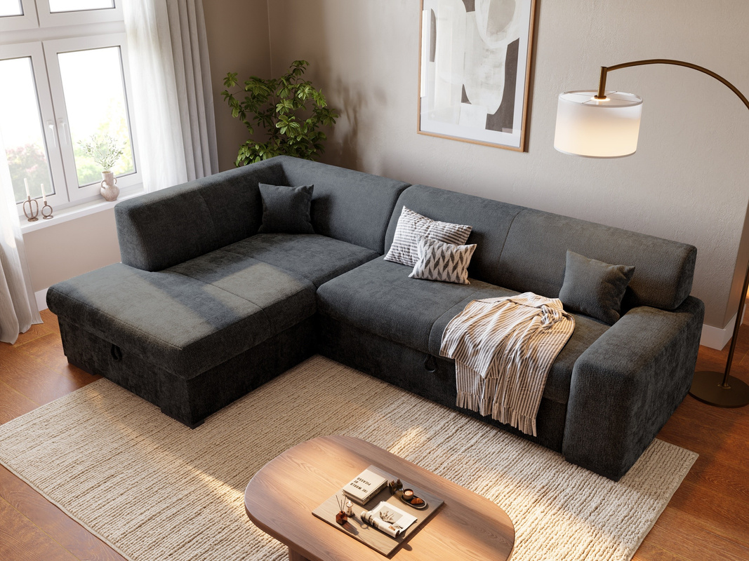 Czarny narożnik do salonu z funkcją spania i pojemnikiem na pościel MILENZO