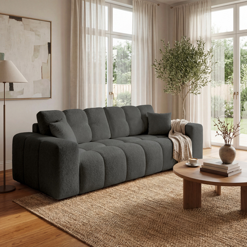 Sofa z funkcją spania rozkładana z pojemnikiem do salonu NEBU grafit