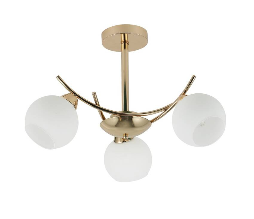 Złota lampa wisząca potrójna do salonu AMOS z białymi kloszami