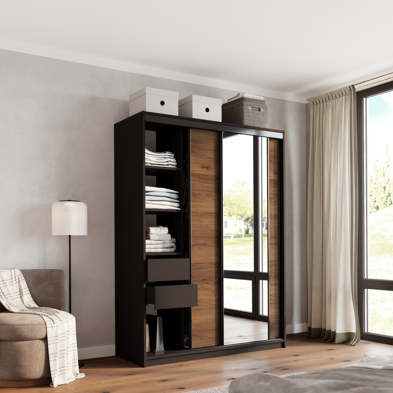 Szafa przesuwna z lustrem 150 cm do sypialni LOFT orzech