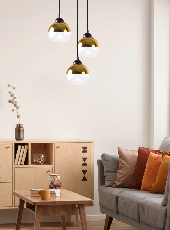 Czarna lampa wisząca talerz do salonu Contessa złoty klosz 3-punktowa