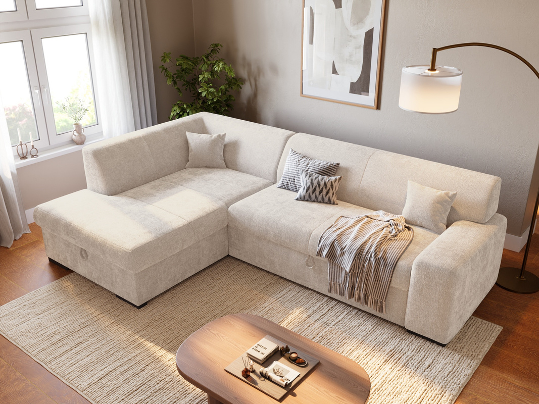 Beżowy narożnik z funkcją spania i pojemnikiem na pościel do salonu MILENZO