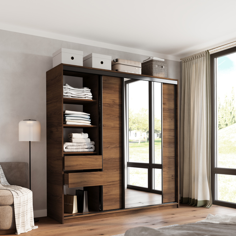 Szafa przesuwna z lustrem 200 cm do sypialni LOFT orzech