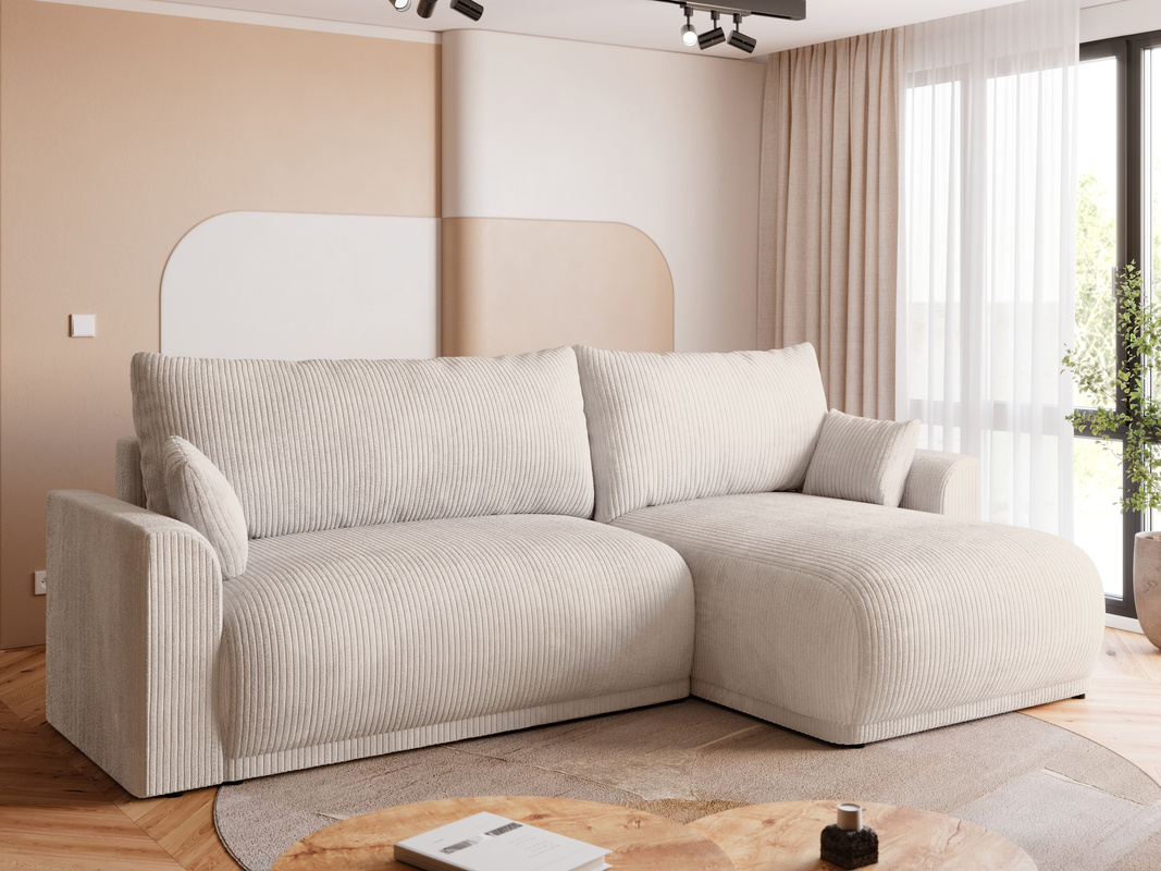 Beżowy narożnik z pojemnikiem i funkcją spania do salonu MORENO