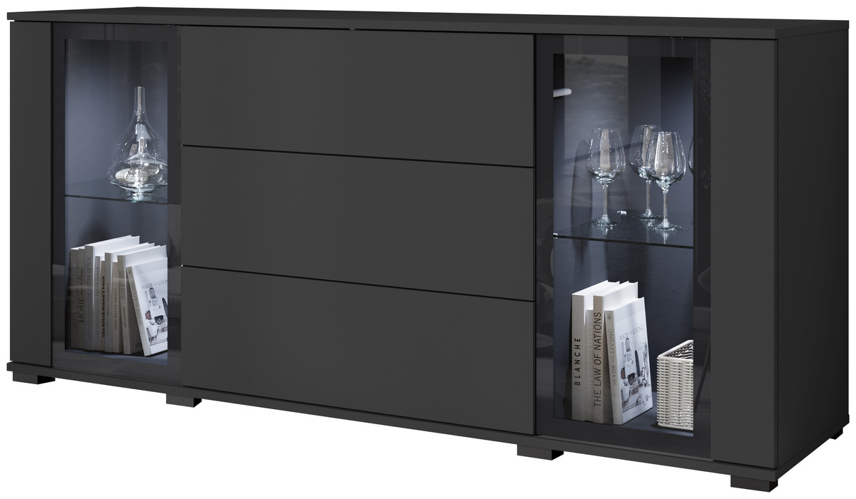 Komoda 150 cm czarna z szufladami i witryną do salonu CAVIO