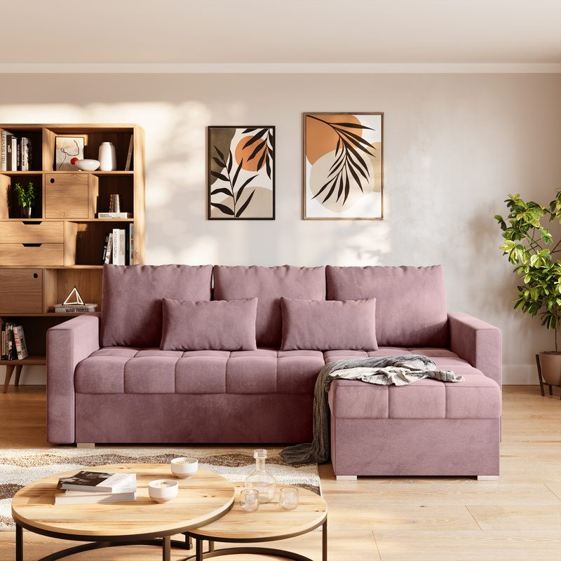 Narożnik z funkcją spania do salonu HOT L pudrowy róż