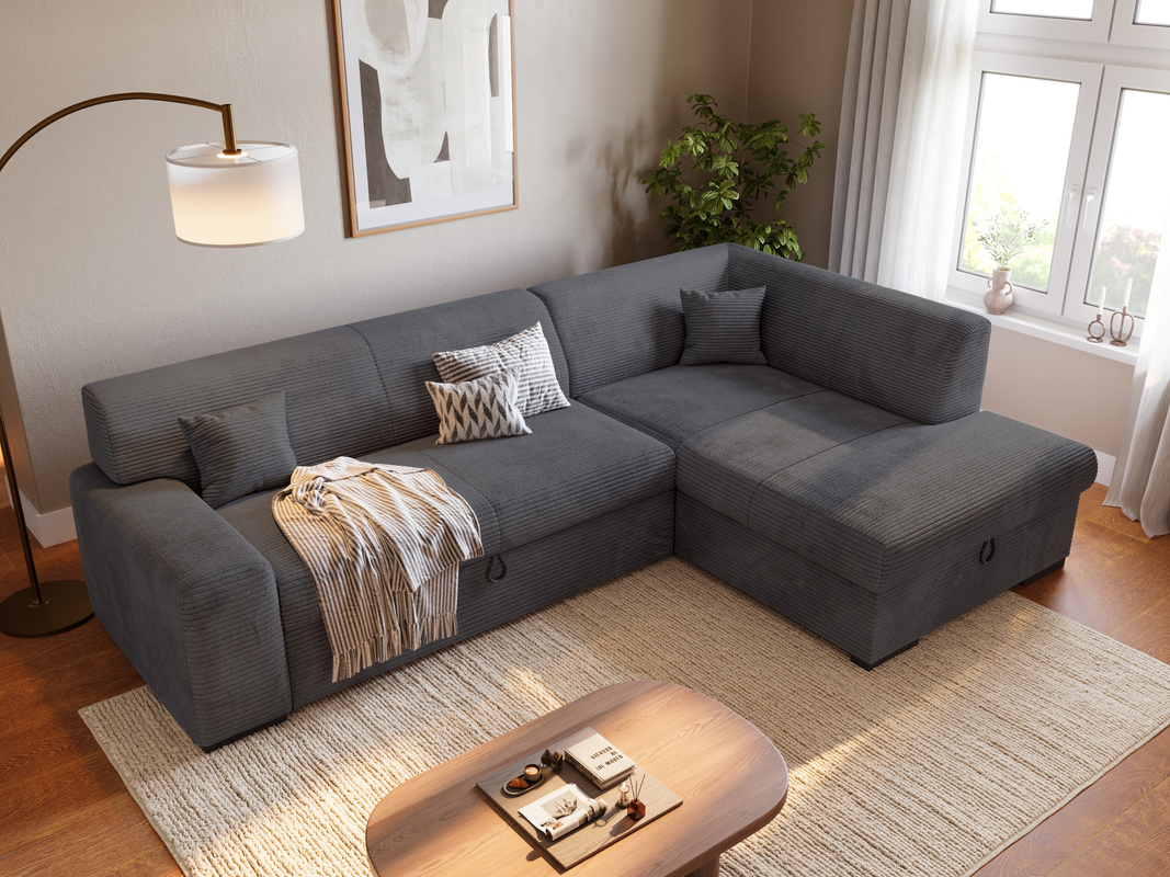 Narożnik z funkcją spania i pojemnikiem na pościel do salonu szary MILENZO