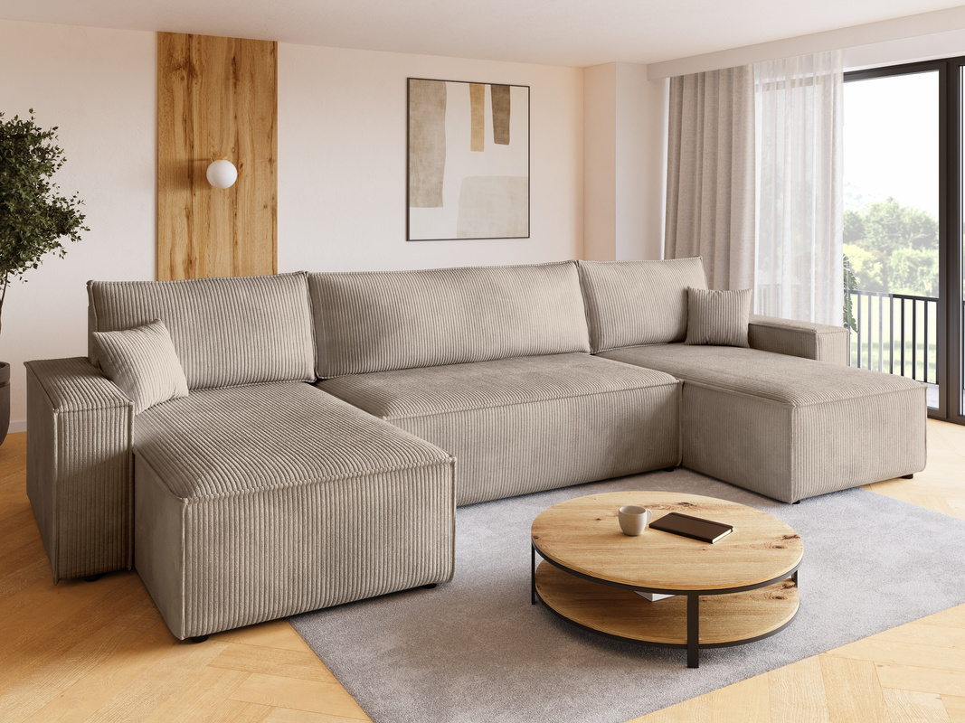 Beżowy narożnik z funkcją spania do salonu sztruksowy ADI