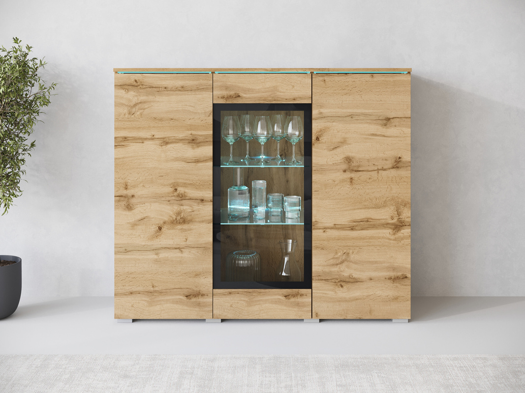 Nowoczesna witryna na książki lub alkohol 120 cm z oświetleniem VEXA dąb wotan