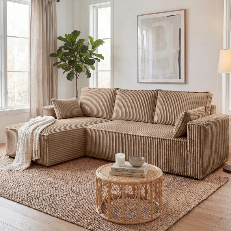 Rozkładana kanapa narożna z funkcją spania PILO sztruks jasnobrązowy