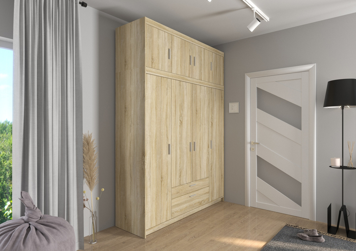 Szafa czterodrzwiowa do garderoby z nadstawką dąb sonoma KUBA
