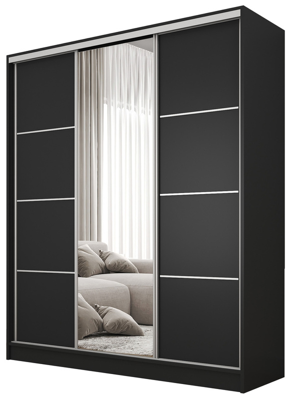 Czarna szafa przesuwna z lustrem 160 cm BEST półki drążki