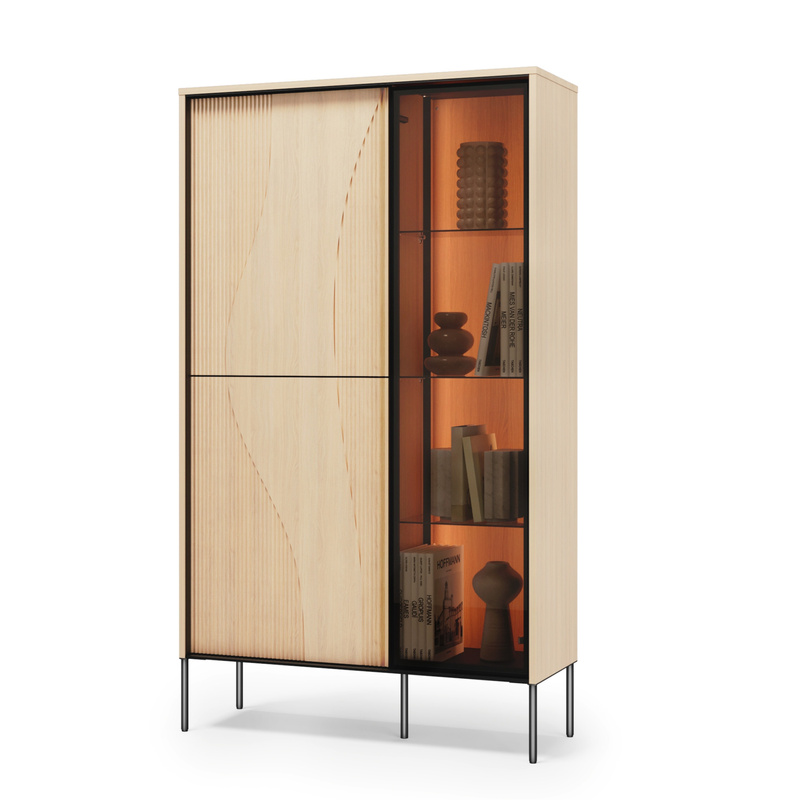 Witryna 92 cm do salonu przeszklona FLOW dąb Vincenza bielona LED