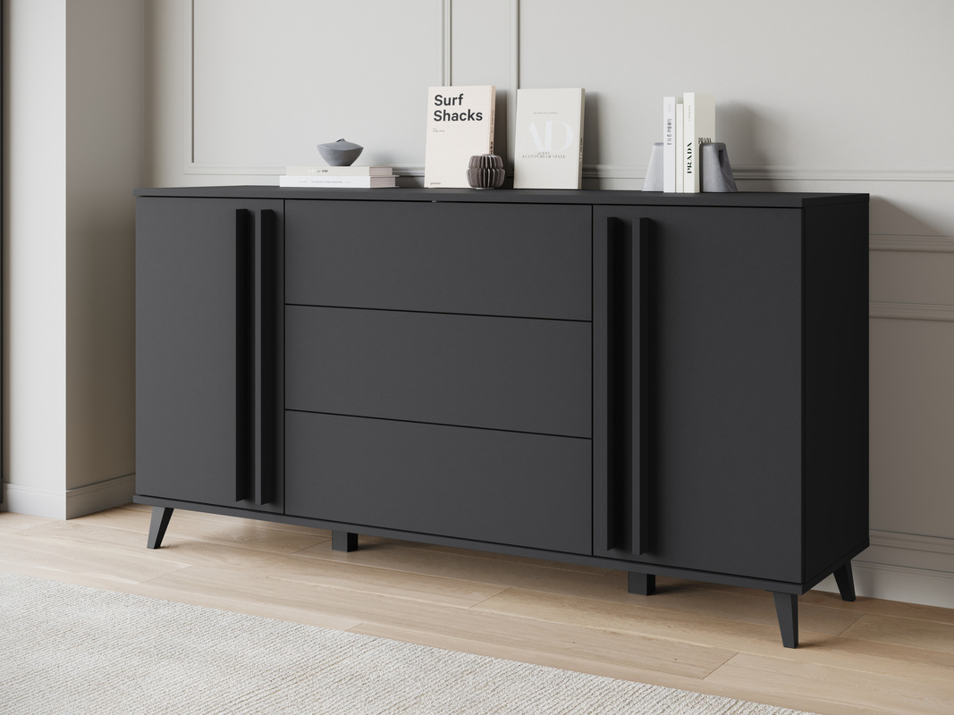 Czarna komoda 150 cm z szufladami do salonu HOMELY