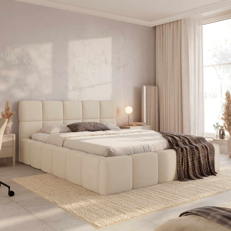 Łóżko tapicerowane 140x200 do sypialni z pojemnikiem i stelażem CUDDY beż