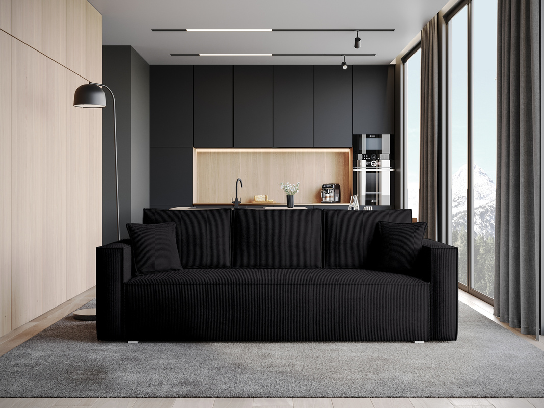 Czarna sofa z funkcją spania do salonu TOP pojemnik na pościel sztruks