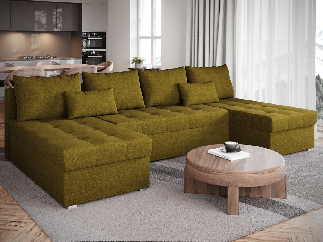 Nowoczesny narożnik do salonu z funkcją spania HOT SLIM U duży musztardowy