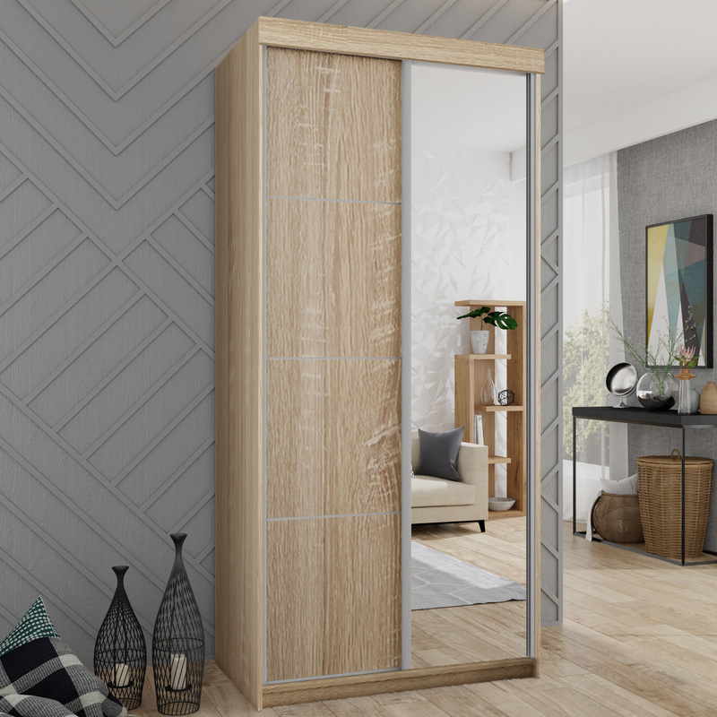 Szafa do przedpokoju przesuwna z lustrem 100 cm TARO dąb sonoma