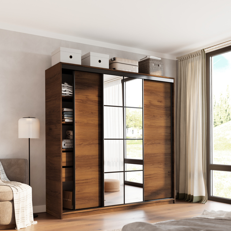 Szafa przesuwna z lustrem 200 cm do sypialni EDGE orzech